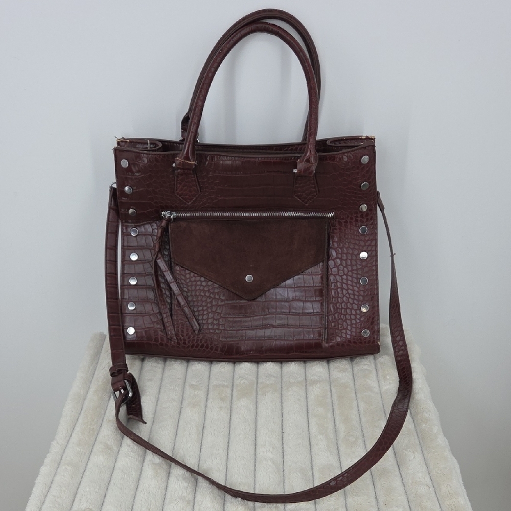 Madison West Brown Croc-Embossed Satchel with Stud Accents